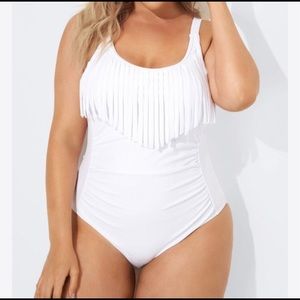 White fringe tummy control one piece suit
